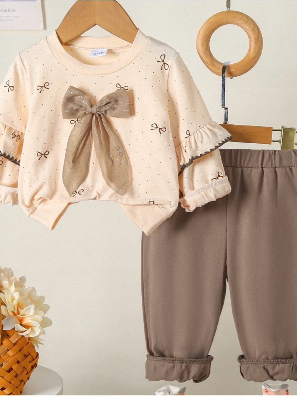 Kids Bow-Accent Pajama Set in Cream and Brown
